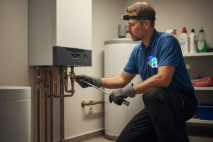 Profesional trabajando en mantenimiento de una caldera